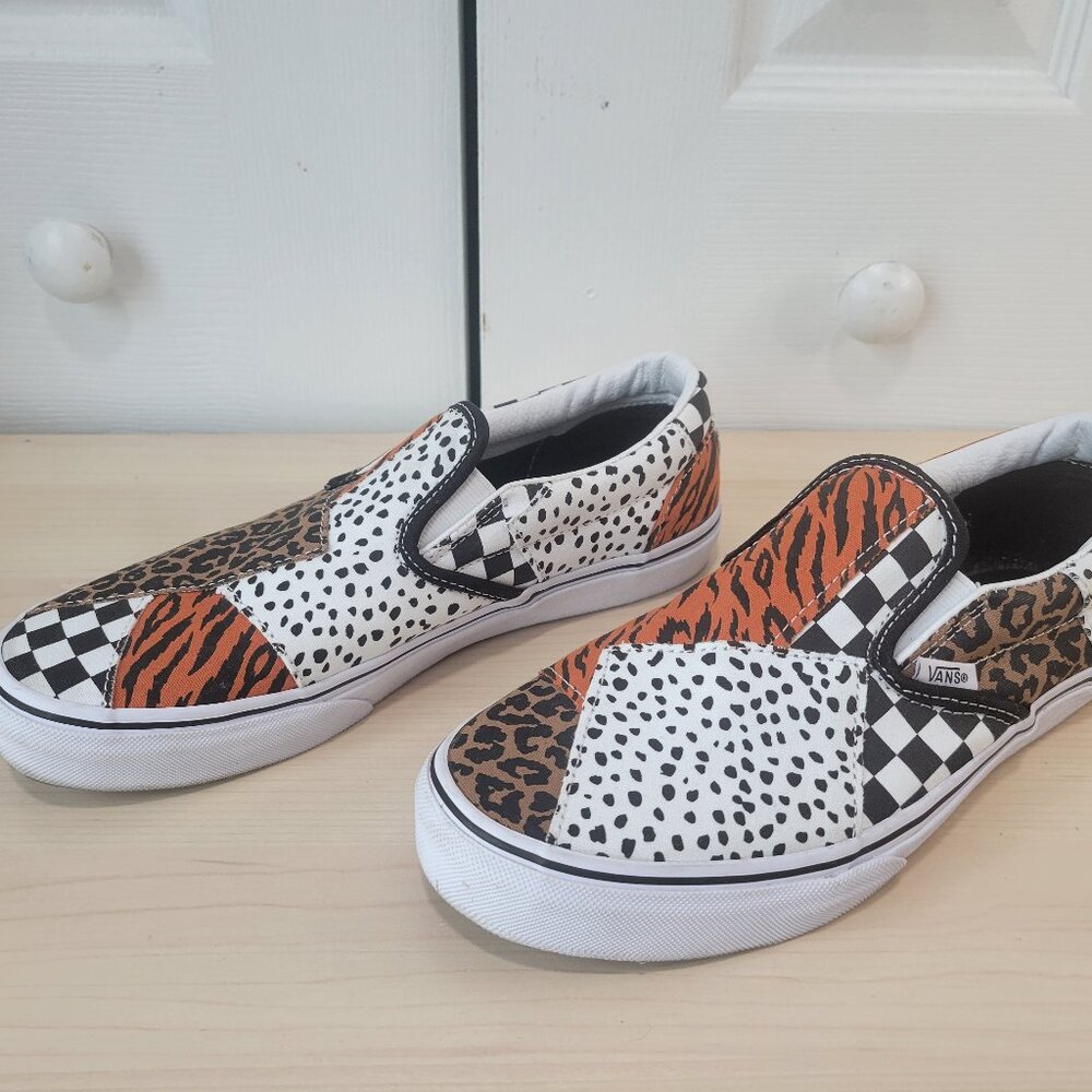 VANS Dalmatian Tiger Leopard Print Checkered Patchwork Slip-On Shoes Kids sz 7